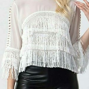 White sheer fringe blouse